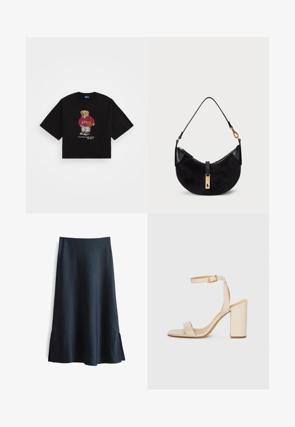 Schwarzes, kurzes T-Shirt aus Baumwolle mit einem gestickten Bären in einem roten Hoodie, der "U.S." und einen Basketball zeigt, sowie Text darunter.; Dunkelblauer A-Linien-Rock aus strukturiertem Stoff, knielang mit seitlichen Schlitzen und einem glatten Bund für eine strukturierte Passform.; Beige High Heel Sandale mit quadratischer Zehenform, dünnem Knöchelriemen und Blockabsatz. Glatte Lederstruktur mit goldener Schnallendetail.; Schwarze Handtasche mit geschwungener Form, aus Wildleder und Leder gefertigt, mit einem Reißverschluss in Goldtönen und einem Logo-Detail. Enthält einen kurzen Griff.