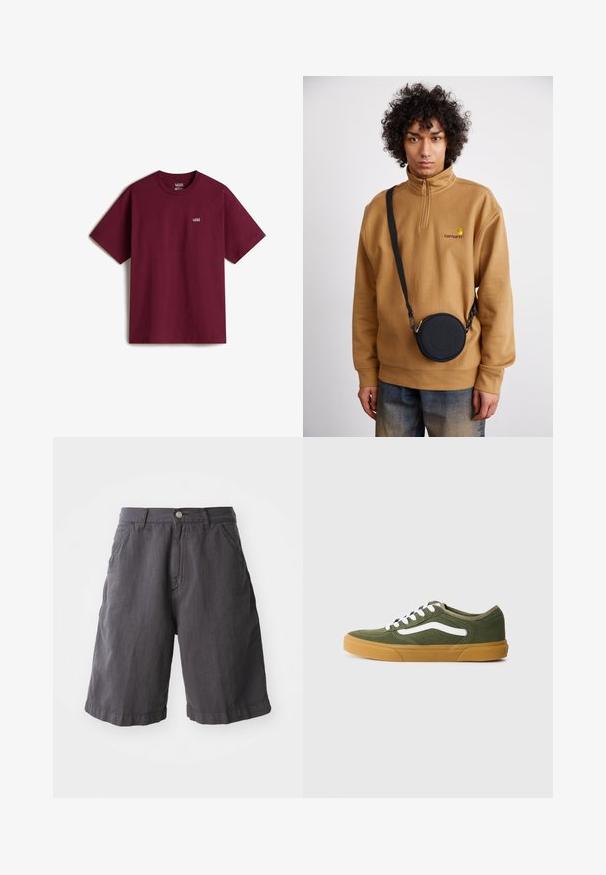 Bordová bavlněná tričko s krátkými rukávy, kulatým výstřihem a malým bílým logem Vans na levé části hrudi. Hladká textura, pohodlný střih.; Tmavě šedé bavlněné kraťasy s volným střihem, vybavené knoflíkovým zapínáním, poutky na opasek a bočními kapsami, navržené s jednoduchým lemem.; Zelené semišové tenisky nízkého střihu s bílými akcenty a perforovanými detaily. Mají gumovou podrážku a bílé šnúrky.; Hnědý fleecový svetr s krátkým zipem a vyšitým logem, s černou kulatou crossbody taškou se zipem a detailem loga, nošený přes džíny.