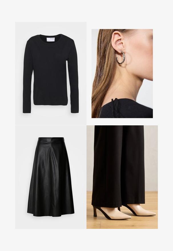 Czarna koszulka z długim rękawem wykonana z miękkiego materiału bawełnianego, z okrągłym dekoltem i prostym, bezszwowym wzornictwem, bez jakichkolwiek wzorów czy dodatków.; Czarna skórzana spódnica o rozkloszowanym kroju, długości do kolan, z gładką teksturą i czystym, szwami ustrukturyzowanym tyłem, dla eleganckiego wyglądu.; Beżowe i czarne szpilki z ostrym noskiem o eleganckim designie, z kontrastowym blokiem kolorów i małym, solidnym obcasem.; Srebrny kolczyk w kształcie koła z polerowanym wykończeniem, z małymi złotymi akcentami, noszony na płatku ucha.