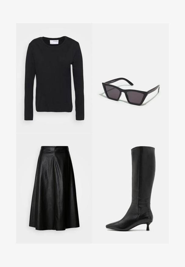 Sort langærmet t-shirt lavet af blødt bomuldsmateriale, med rund halsudskæring og et simpelt, sømløst design uden mønstre eller detaljer.; Sort læderskørt med en udvidet design, knælangt, med en glat overflade og en ren, sømstruktureret ryg for et skræddersyet udseende.; Zign Høje støvler/ Støvler - black; Sorte, kantede solbriller med grå linser; lavet af plast, med tykke stænger med en glat overflade og ingen synlig hardware.