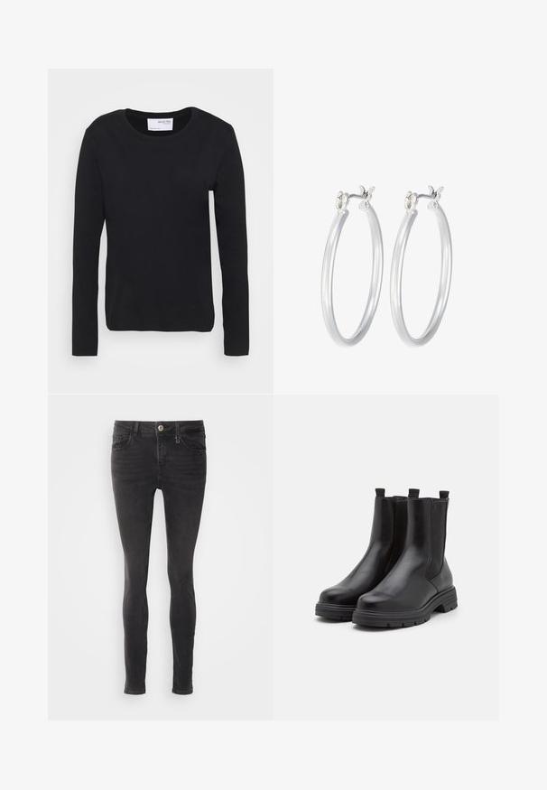 Camiseta negra de manga larga hecha de suave algodón, con un escote tipo crew y un diseño simple y sin costuras, sin patrones ni acentos.; Vaqueros negros ajustados de mezclilla con una textura suave. Presenta cinco bolsillos, un cierre de botón y una cremallera. Sin patrones ni detalles.; Botas de tobillo de cuero negro con paneles elásticos en los laterales, punta redondeada y suela de goma gruesa. Cuenta con tiradores para poner y quitar fácilmente.; Pendientes de aro de plata con un acabado liso y pulido. Forma redonda y cierre de click seguro. Diseño ligero adecuado para el uso diario.