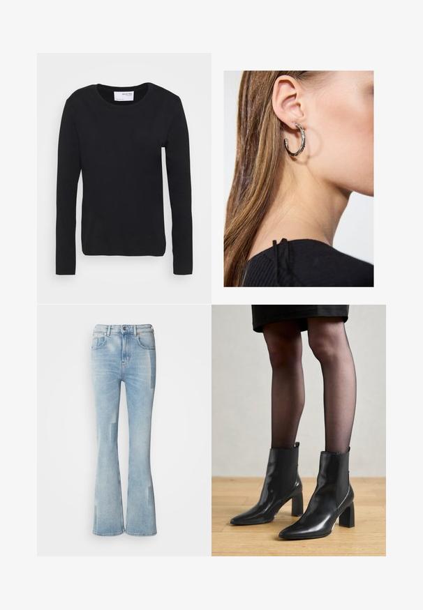 Black long-sleeve t-shirt made from soft cotton material, featuring a crew neckline and simple, seamless design without any patterns or accents.; Scotch & Soda THE GLOW - Bootcut jeans - art from the heart; Black leather ankle boots with a pointed toe, chunky square heel, and sleek design. Features elastic side panels for easy wear.; Silver hoop earring with a polished finish, featuring small gold accent details and a round shape, worn on the lobe.