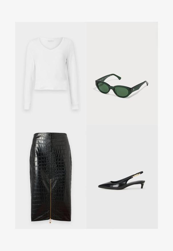Fehér, hosszú ujjú, V-nyakú, cropped felső, testhezálló fazonnal és széles mandzsettával, sima háttér előtt bemutatva.; Fekete műbőr ceruzaszoknya krokodilbőr mintával, középen arany cipzárral és sima felülettel.; Fekete bőr slingback magassarkúk, hegyes orral, vékony sarkakkal és arany színű részlettel a állítható pánton. Simа felület.; Zöld napszemüveg fényes felülettel, téglalap alakú kerettel és sötétzöld lencsékkel. Az oldalán egy diszkrét logó található a szárán.; Fekete bőrtáska arany macska alakú fogantyúval, elülső fedéllel, állítható pánttal és logó részlettel az alsó részen.