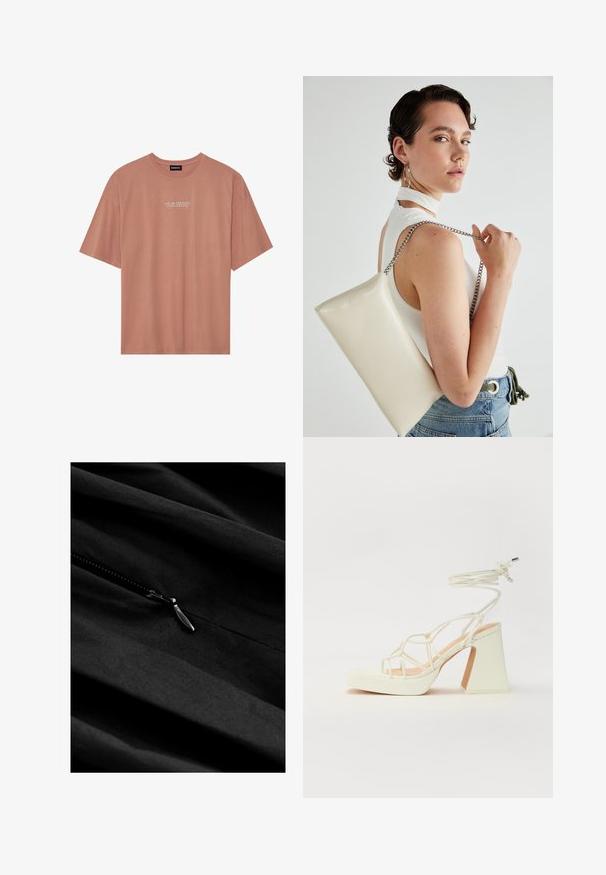 Trumpu rankoviu, švelniai rožinės spalvos marškinėliai iš minkštos medvilnės. Yra apvalus iškirpimas ir balta užrašas: "TAVO ENERGIJA yra tavo valiuta" priekyje.; Juodas audinys su subtilia tekstūra, su užtrauktuku. Užtrauktukas turi metalinį traukimo elementą, esantį prieš glotnų, krentančio audinio paviršių.; Balti aukštakulniai sandalai su masyviu kulnu, su dirželių dizainu ir kulkšnies raiščiu. Lygi tekstūra su platforma priekyje, suteikianti papildomą aukštį.; Balta, stačiakampio formos rankinė pagaminta iš blizgaus medžiagos, su sidabriniu virvute. Modelis pozavo, demonstruodamas rankinę prieš paprastą foną.