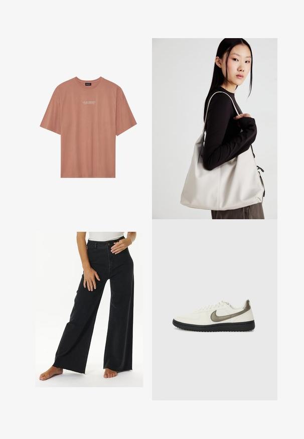 Kortærmet t-shirt i blush pink lavet af blød bomuld. Har en rund halsudskæring og hvid tekst: "DIN ENERGI er din valuta" på fronten.; Højtaljede sorte brede jeans lavet af denim, med knap- og lynlåslukning, rå kant-detaljer og sidelommer.; Nike Sportswear FIELD GENERAL - Sneakers - off-white/black; Beige håndtaske lavet af blødt materiale med et slouchy design, stikninger og to skulderremme. Velegnet til daglig brug.