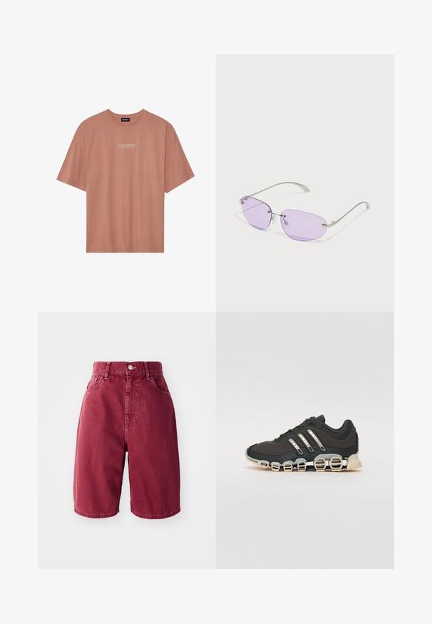 Trumpu rankoviu, švelniai rožinės spalvos marškinėliai iš minkštos medvilnės. Yra apvalus iškirpimas ir balta užrašas: "TAVO ENERGIJA yra tavo valiuta" priekyje.; Burgundiijos džinsai su aukštu liemeniu. Ypatybės apima dvi priekinės kišenes, vieną mygtuko uždarymą ir tiesią kojelės iškirptę.; Juodos sportinės avalynės su tekstūruotu viršumi, trimis sidabro juostomis ir išskirtiniu amortizuojančiu padu, turinčiu kelias integruotas dalis.; Akiniai nuo saulės su ovaliais violetiniais lęšiais, metaliniu rėmu ir plonomis kojelėmis. Skaidrios nosinės pagalvėlės ir subtili prekės ženklas ant kojelės.