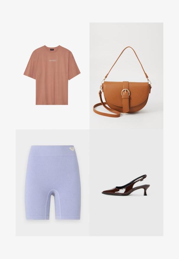 Lühikeste varrukatega, roosakas t-särk, mis on valmistatud pehmest puuvillast. Sellel on ümmargune kaelus ja valge tekst: "TEIE ENERGIA on teie valuuta" ees.; Teksurotud lavendlid jalgrattapüksid kõrge vöökoha ja väikese logoaktsendiga vasakul ülal. Lihtne, mugav ja keha lähedane disain.; Pruun patentnahast slingback tossud terava nina ja mõõduka kandega. Omab pandla rihma kindla istuvuse tagamiseks. Sile tekstuur.; Pruun nahast õlakott, millel on kumer kuju, kullavärvi riistvara ja pandlaga kaunistus. Omab eemaldatavat õlarihma.