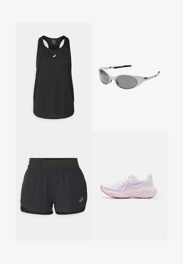 Crni sportski top bez rukava od laganog materijala. Ima okrugli izrez, dizajn s razrezom na leđima i mali bijeli logo sprijeda.; Crne trkaće kratke hlače s mrežastim pojasom, s glatkom teksturom, kratke dužine i malim logotipom na donjoj desnoj strani.; Bijela atletska cipela s ružičastim naglasima, teksturirana gornja strana, lagani dizajn i debeli, višenamjenski potplat. Sadrži logo sa strane.; Bijele plastične naočale za sunce s velikim ovalnim lećama, sivo zatamnjene. Imaju crne uške i mali logotip na okviru. Glatka površina.