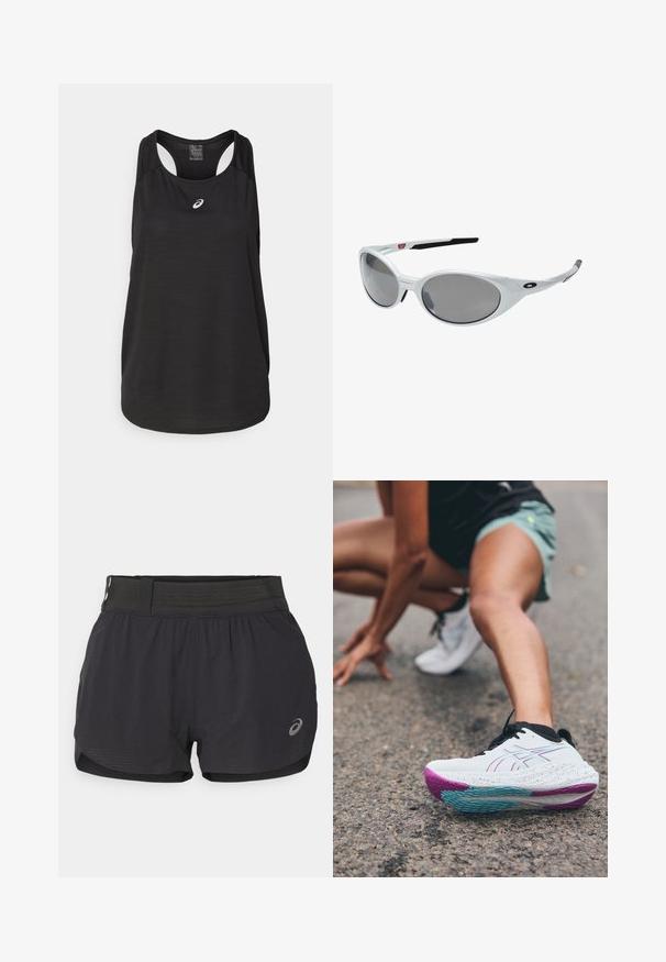 Débardeur de sport noir en tissu léger. Présente un col rond, un design dos nageur et un petit logo blanc à l'avant.; Shorts de course noirs avec une ceinture en mesh, présentant une texture lisse, une coupe courte et un petit logo sur le bas à droite.; ASICS GEL-NIMBUS 26 - Chaussures de running sur route - white/soothing sea; Lunettes de soleil en plastique blanc avec de grandes lentilles ovales, teintées en gris. Caractéristiques de plaquettes noires et d'un petit logo sur la monture. Fini lisse.