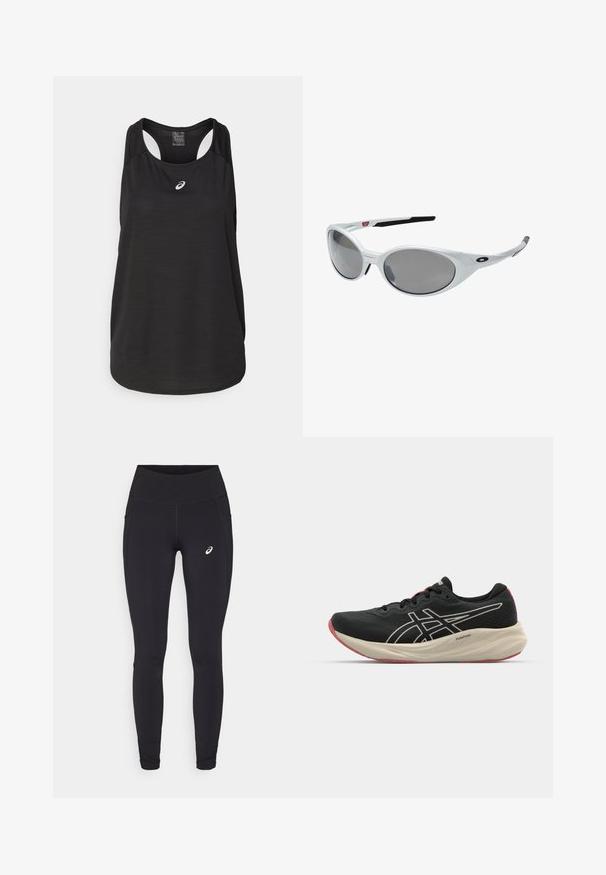 Sort atletisk tanktop lavet af letvægtsstof. Har en rund halsudskæring, racerback-design og et lille hvidt logo foran.; ASICS NAGINO RUN ADJUSTABLE  - Løbetights - performance black; Sort løbesko med mesh-overdel og hvide detaljer. Har en polstret mellemsål og røde ydersåledetaljer. Letvægtsdesign.; Hvide plast solbriller med store ovale linser, gråtonede. Har sorte øre greb og et lille logo på rammen. Glat overflade.