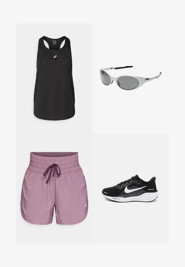 Mustat urheilulliset hihaton paita, joka on valmistettu kevyestä kankaasta. Siinä on pyöreä kaula-aukko, urheilullinen selkämuotoilu ja pieni valkoinen logo edessä.; Violet urheilusortsit, joissa on korkealle smockattu vyötärö, nauhakuja ja huomaamaton logo alhaalla oikealla puolella. Sujuva, kevyt kangas.; Mustat urheilukengät, joissa on verkkopinta, valkoinen Nike-logo ja valkoinen pehmustettu pohja, jossa on teksturoitu pinta.; Valkoiset muoviset aurinkolasit suurilla soikeilla linsseillä, harmaasävyiset. Varusteena mustat korvavarret ja pieni logo kehyksessä. Sileä pinta.