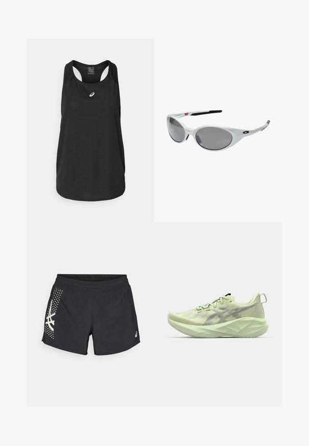 Top deportivo negro fabricado con una tela ligera. Presenta un escote redondo, diseño de espalda nadadora y un pequeño logotipo blanco en la parte delantera.; Bermudas atléticas negras con cintura elástica y un logo. Los lados presentan un diseño con acentos en blanco y un patrón de puntos.; Zapatilla deportiva verde claro con parte superior de malla, acentos texturizados y una suela gruesa y angular para mayor amortiguación y soporte.; Gafas de sol de plástico blanco con grandes lentes ovalados, tintados de gris. Presentan almohadillas negras para las orejas y un pequeño logotipo en el armazón. Acabado suave.