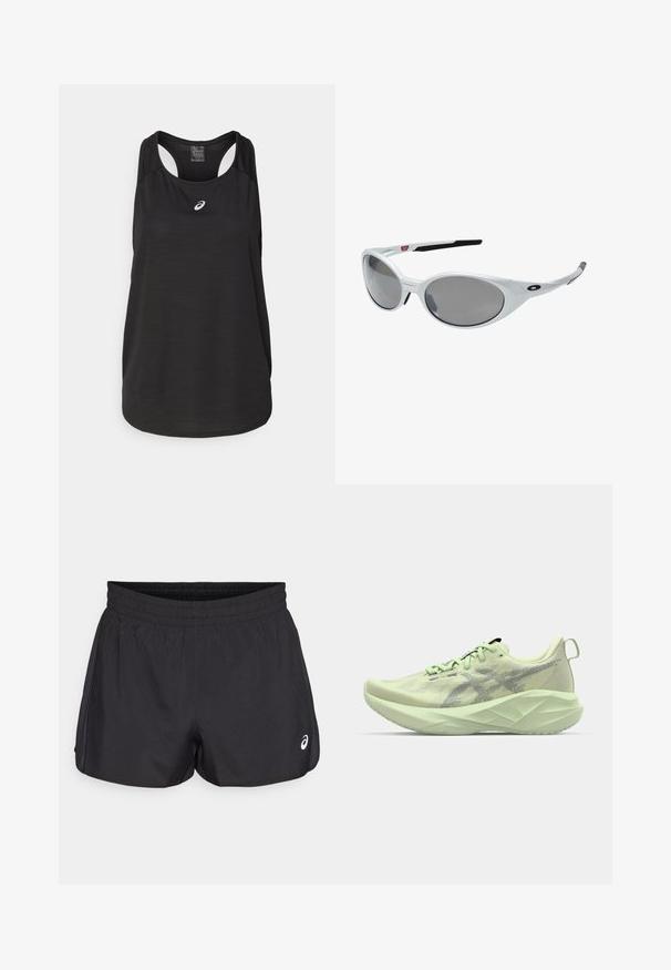 Camisola de treino preta feita de tecido leve. Apresenta um decote redondo, design de alças cruzadas e um pequeno logótipo branco na frente.; Shorts desportivos pretos com um cós elástico, textura suave, bainha curva e detalhes em malha nas laterais. Apresenta um pequeno logótipo na parte da frente.; Sapato atlético verde claro com parte superior em malha, detalhes texturizados e uma sola espessa e angular para maior amortecimento e suporte.; Óculos de sol de plástico branco com grandes lentes ovais, com tonalidade cinza. Possui apoios pretos nas orelhas e um pequeno logótipo na armação. Acabamento suave.