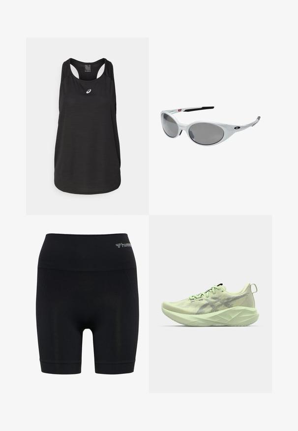 Black athletic tank top made of lightweight fabric. Features a round neckline, racerback design, and a small white logo on the front.; Black athletic shorts with a high waistband, made from stretchy material, featuring a smooth texture and subtle branding on the waist.; Light green athletic shoe featuring a mesh upper, textured accents, and a thick, angular sole for enhanced cushioning and support.; White plastic sunglasses with large oval lenses, gray tinted. Features black ear grips and a small logo on the frame. Smooth finish.