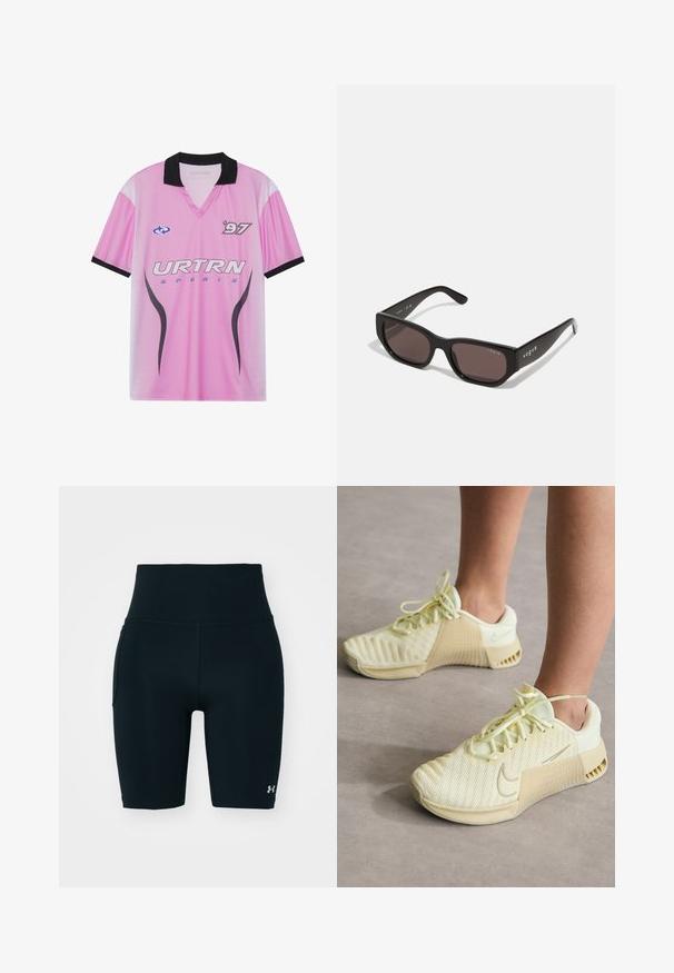 Vaaleanpunainen urheilupaita mustalla kauluksella, jossa on "URTRN"-logo, pisteitä sisältävä liukuvärimalli ja "97"-painatus rinnassa. Kevyestä kankaasta valmistettu.; Mustat urheilushortsit, jotka on valmistettu joustavasta kankaasta, korkea vyötärö ja sivutasku. Silkkinen pinta, litteät saumat ja logotuli. ; Vaaleankeltaiset urheilukengät, joissa on verkkomateriaali yläosassa, ohut sivuaccentti, pyöreä kärki ja litteät nauhat. Sivulla on Nike-logo.; Mustat suorakulmaiset aurinkolasit tummilla linsseillä. Ominaisuuksina sileä muovikehys ja logotieto tempussa. Siisti, moderni muotoilu.; Mustekka nailonkorsetti, jossa on säädettävä hihna ja huomattava valkoinen logo. Kannan päällä vaaleansinistä t-paitaa. Yksinkertainen ja toiminnallinen muotoilu.