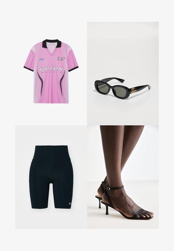 Pink sports jersey with black collar, featuring "URTRN" logo, dotted gradient pattern, and "97" print on the chest. Lightweight fabric.; Black athletic shorts made of stretchy fabric, featuring a high waistband and side pocket. Smooth texture with flat seams and logo accent.; Black strappy heeled sandals with a thin ankle strap, pointed toe design, textured sole, and a 5 cm stiletto heel.; Black plastic sunglasses with green lenses, featuring an oval shape and gold logo detail on the temples. Smooth texture and shiny finish.; Black nylon crossbody bag with adjustable strap, featuring a prominent white logo. Worn over a light blue t-shirt. Simple, functional design.