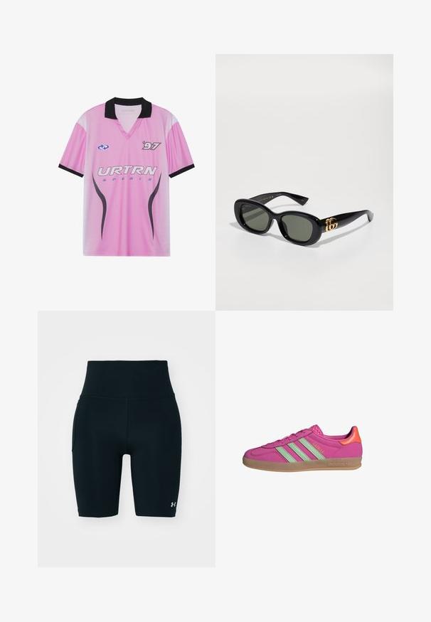 Roza sportska majica s crnim ovratnikom, s logotipom "URTRN", točkastim gradijentnim uzorkom i printom "97" na prsima. Lagani materijal.; Crne atletske kratke hlače od rastezljivog materijala, s visokim pojasom i bočnom džepom. Glatka tekstura s ravnim šavovima i logotipom kao naglaskom.; Adidas Gazelle tenisice u svijetlo ružičastoj boji s svijetlo zelenim trakama, gumeni đon i narančasti naglasak na peti. Glatki sintetički materijal gornjeg dijela.; Crne plastične sunčane naočale sa zelenim staklima, ovalnog oblika i zlatnim detaljem loga na sljepoočnicama. Glatka tekstura i sjajna površina.