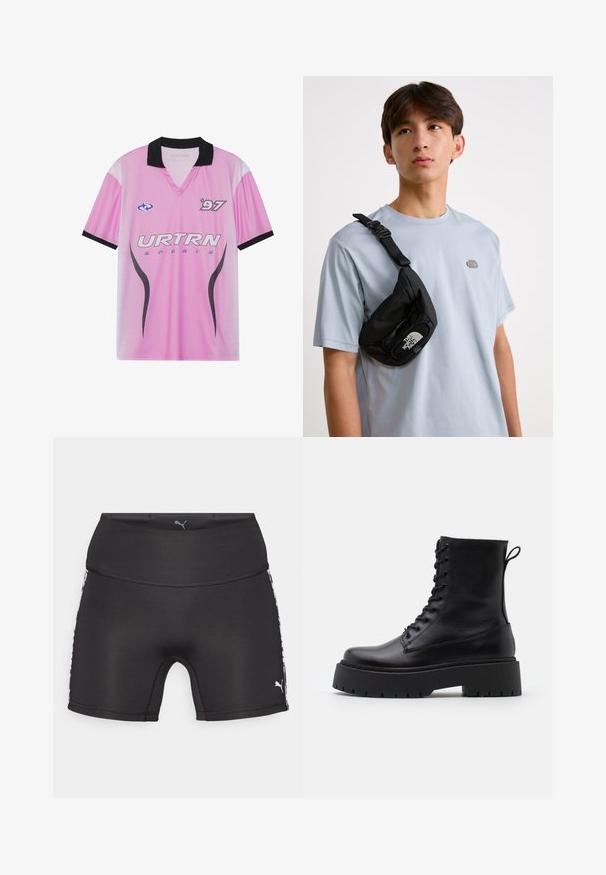 Tricou sport roz cu guler negru, având logo-ul "URTRN", model cu gradient punctat și numărul "97" imprimat pe piept. Material ușor.; Pantaloni scurți sport negri, cu un talie înaltă. Au detalii pe laterale în culori contrastante și un logo vizibil. Fabricat dintr-un material elastic.; Botine din piele neagră, până la gleznă, cu vârful rotund, șireturi în față și o talpă groasă din cauciuc cu un model texturat. Fâșie de tragere la spate.; Geantă de umăr din nailon negru, cu bretea ajustabilă, având un logo alb proeminent. Purtați peste un tricou bleu deschis. Design simplu și funcțional.