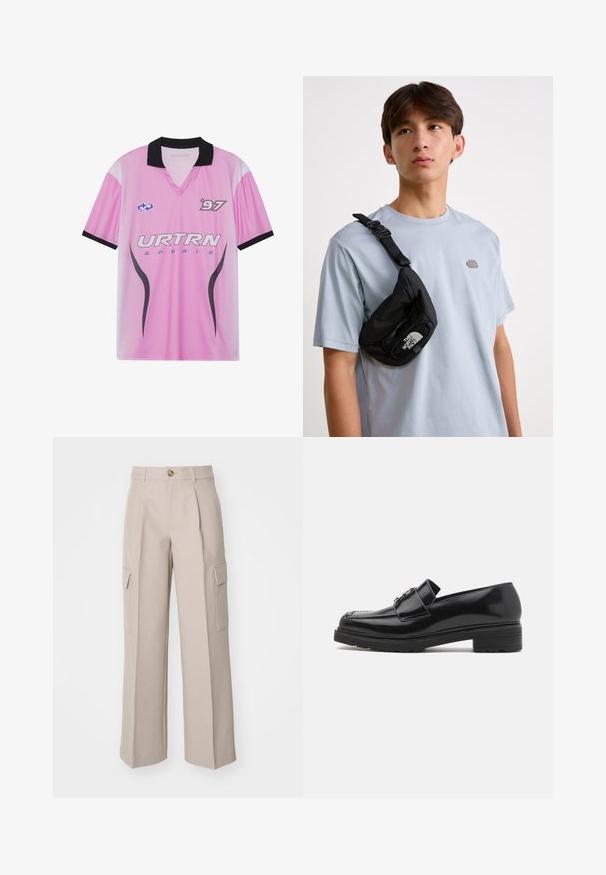 Pink sports jersey with black collar, featuring "URTRN" logo, dotted gradient pattern, and "97" print on the chest. Lightweight fabric.; Beige wide-leg trousers made of fabric, featuring front pleats and two side cargo pockets. Includes a front button closure.; Black polished leather loafer with low block heel, stitched toe, and metal buckle detail on upper, shown in side profile on white background.; Black nylon crossbody bag with adjustable strap, featuring a prominent white logo. Worn over a light blue t-shirt. Simple, functional design.