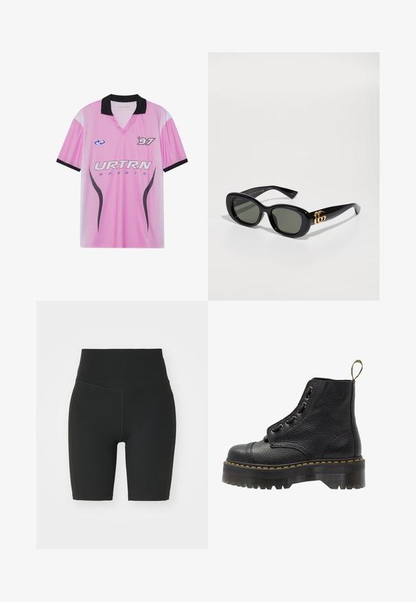 Pink sports jersey with black collar, featuring "URTRN" logo, dotted gradient pattern, and "97" print on the chest. Lightweight fabric.; Black high-waisted bike shorts made of stretchy fabric. Features flat seams and a fitted design for comfort and ease of movement.; Black leather ankle boot with textured surface, round toe, lace-up design, yellow stitching, and a thick, ridged black platform sole.; Black plastic sunglasses with green lenses, featuring an oval shape and gold logo detail on the temples. Smooth texture and shiny finish.; Black nylon crossbody bag with adjustable strap, featuring a prominent white logo. Worn over a light blue t-shirt. Simple, functional design.