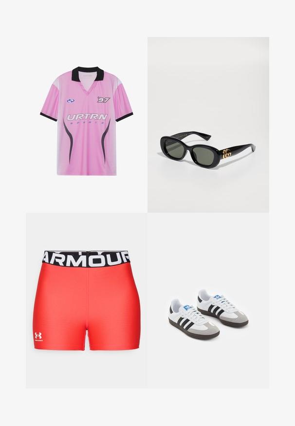 Roze sporttricot met zwarte kraag, featuring het "URTRN" logo, gestippeld gradientpatroon en "97" bedrukking op de borst. Lichtgewicht stof.; Rode sportieve shorts met een zwarte tailleband bedrukt met "ARMOUR." Gladde textuur met een geborduurd logo in het wit aan de linksonder.; Sportschoenen met een witte leren bovenkant, grijze suède neus en drie zwarte strepen. Bevat een blauw logo op de tong en een gestructureerde rubberen zool.; Zwarte plastic zonnebril met groene lenzen, met een ovale vorm en gouden logo detail op de veren. Gladde textuur en glanzende afwerking.; Zwarte nylon schoudertas met een verstelbare band, featuring een opvallend wit logo. Gedragen over een lichtblauw T-shirt. Eenvoudig, functioneel ontwerp.