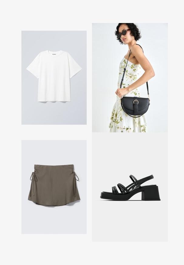 Weißes Baumwoll-T-Shirt mit lockerem Schnitt, kurzen Ärmeln und rundem Halsausschnitt. Verfügt über ein dezentes Markenetikett am Halsausschnitt.; Brauner kurzer Rock mit verstellbaren Seitenschnüren und gerafftem Detail auf beiden Seiten, vor einem schlichten weißen Hintergrund präsentiert.; Schwarze Absatzsandalen mit mehreren dünnen Riemen und einem breiten Blockabsatz. Schlankes Design mit matter Textur. Der Fußbett hat eine leichte Kurve.; Schwarze Lederhandtasche mit geschwungener Form, abnehmbarem Tragegurt und goldenen Beschlägen. Die Tasche verfügt über einen Deckel mit einer Schnallen-Details.