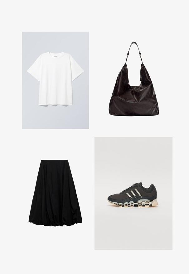 Vit bomulls T-shirt med avslappnad passform, korta ärmar och rundad halsringning. Har en diskret varumärkesetikett vid halsringningen.; Svart midi kjol i lätt tyg, med en voluminös form och samlade detaljer i fållen samt plisserad design vid midjan.; Svart sportskor med en texturerad överdel, tre silverränder och en distinkt stötdämpande sula med flera integrerade sektioner.; Mörkbrun läderhandväska med en avslappnad form, bred öppning och ett enda axelrem. Har subtila stygnaccenter.