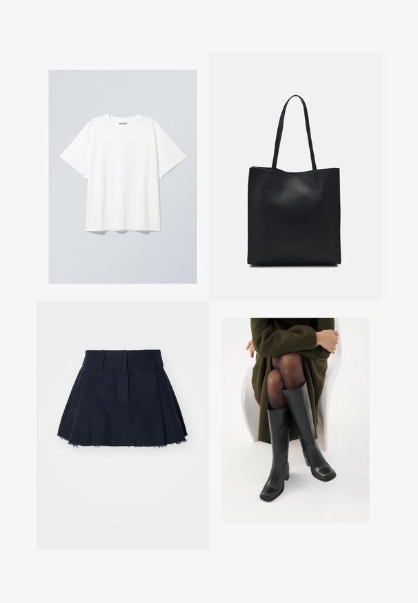 Fehér pamut póló laza szabással, rövid ujjakból és kerek nyakkivágással. Diszkrét márkajelzés található a nyakkivágásnál.; Tengerészkék pamut szoknya, fodros fazonnal, redők nélkül, rojtos szegéllyel és övekkel ellátott derékrésszel.; Térdfelett érő fekete bőr csizmák négyzet alakú orral és tömbtalppal, olajzöld kabátban ülő modellel bemutatva. Simaság, minimalista részletezés.; Fekete bőrtáska sima felszínnel, téglalap alakú, két hosszú füllel. Nincs látható fémkiegészítő vagy díszítés.