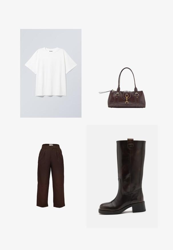 Bílý bavlněný tričko s volným střihem, krátkými rukávy a kulatým výstřihem. Na výstřihu se nachází diskrétní značka.; Kalhoty s vysokým pasem, široké a tmavě hnědé, s poutky na pás a předními řaseními, vystavené na bílém pozadí.; Hnědé kožené vysoké boty po kolena se robustním blokovým podpatkem, lesklým povrchem a zadním poutkem; mají štíhlý siluetu a odolnou podrážku.; Tmavě hnědá kožená kabelka s dvěma horními držadly, zlatými kováními, detailním předním zapínáním a prošívanou texturou na bocích.