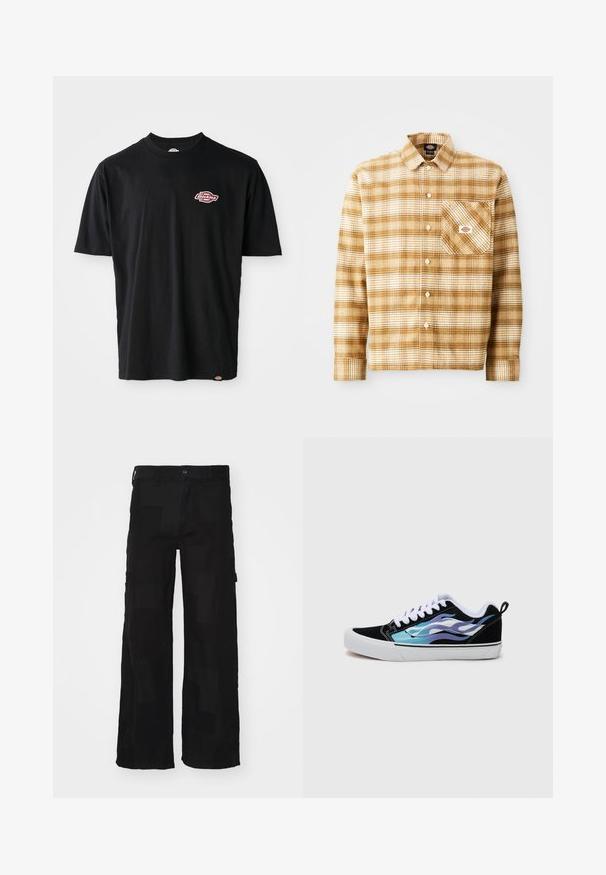Tricou din bumbac negru cu guler rotund, mâneci scurte și un mic logo Dickies roșu și alb pe piept. Croială clasică.; Cămașă cu mâneci lungi, în carouri maro și crem, realizată dintr-un material texturat, cu un buzunar pe piept și închidere cu nasturi, având un eticheta pe buzunar.; Pantaloni cargo negri dintr-un amestec de bumbac, cu o croială largă, două buzunare laterale, sistem de închidere cu nasture și o textură netedă cu un model subtil.; Adidași din suede negru cu o talpă din cauciuc alb. Prezintă modele de flacără iridescentă în nuanțe de albastru și violet. Șireturi albe și un dop în spate.
