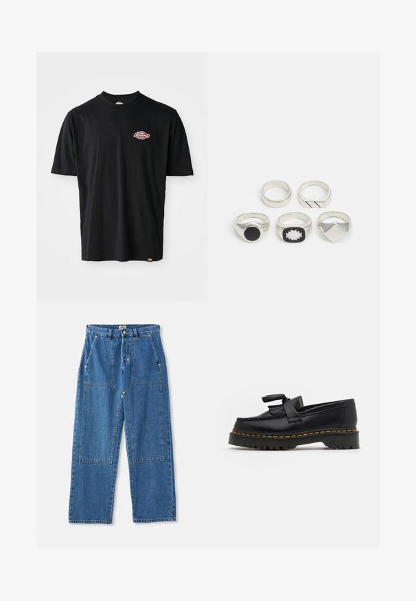 Černé bavlněné tričko s kulatým výstřihem, krátkými rukávy a malým červeným a bílým logem Dickies na hrudi. Klasický střih.; Modré džíny s širokými nohavicemi mají vysoký pas, velké přední kapsy a jedinečný design s aplikacemi včetně viditelného šití a kovových doplňků.; Černé kožené mokasíny s třásněmi, se silnou černou podrážkou a žlutým prošíváním podél okraje. Texturovaný povrch.; Pět stříbrných prstenů: jeden s černým kulatým detailem, jeden s bílým a černým geometrickým vzorem, a další s různými tvary a povrchy.