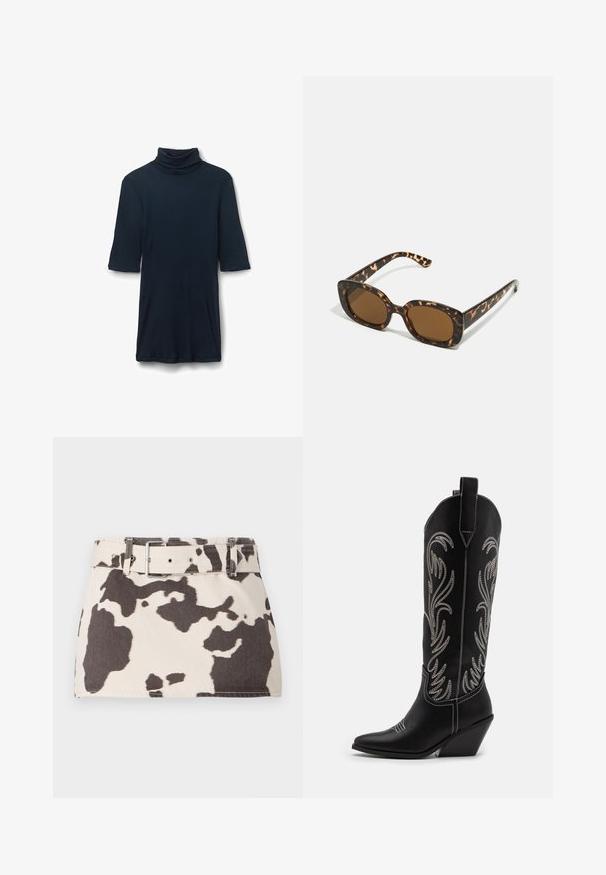 Robes à col roulé côtelé bleu marine foncé avec des manches courtes, présentant un design ajusté et une texture douce. Col ajustable pour un ajustement personnalisé.; Mini-jupe en denim à imprimé vache avec une taille ceinturée. Présente des formes marron foncé contrastantes sur un fond clair. Tissu texturé avec des coutures robustes.; Bottes de cowboy noires en cuir avec des pointes effilées, des talons compensés et des motifs floraux brodés en argent le long du tige. Couture contrastante sur l'ensemble.; Lunettes de soleil en écaille de tortue avec une monture ronde et épaisse et des verres marron. Présente des motifs subtils et des branches droites et effilées.; Sac à main en cuir noir au design courbé, avec des clous en argent, une boucle et deux poches latérales. Bandoulière réglable pour différentes options de transport.