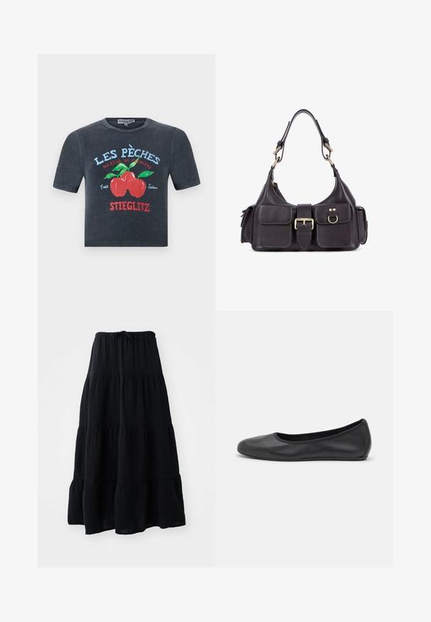 Dunkelgraues, verkürztes T-Shirt aus Baumwolle mit einem roten und grünen Obst-Design sowie Text in Blau und Rot. Kurze Ärmel, runder Halsausschnitt.; Schwarzer, gestufter Rock aus leichtem Material, mit einem elastischen Bund und einem Kordelzug sowie einem fließenden, strukturierten Design.; Schwarze Leder-Ballettschuhe mit abgerundeter Spitze, glatter Textur, minimalen Nähdetails und einem flexiblen Sohlen-Design.; Dunkle Lederhandtasche mit zwei Vorderfächern, einer zentralen Schnalle und goldfarbenen Beschlägen. Glatte Textur mit einer gewölbten Silhouette.