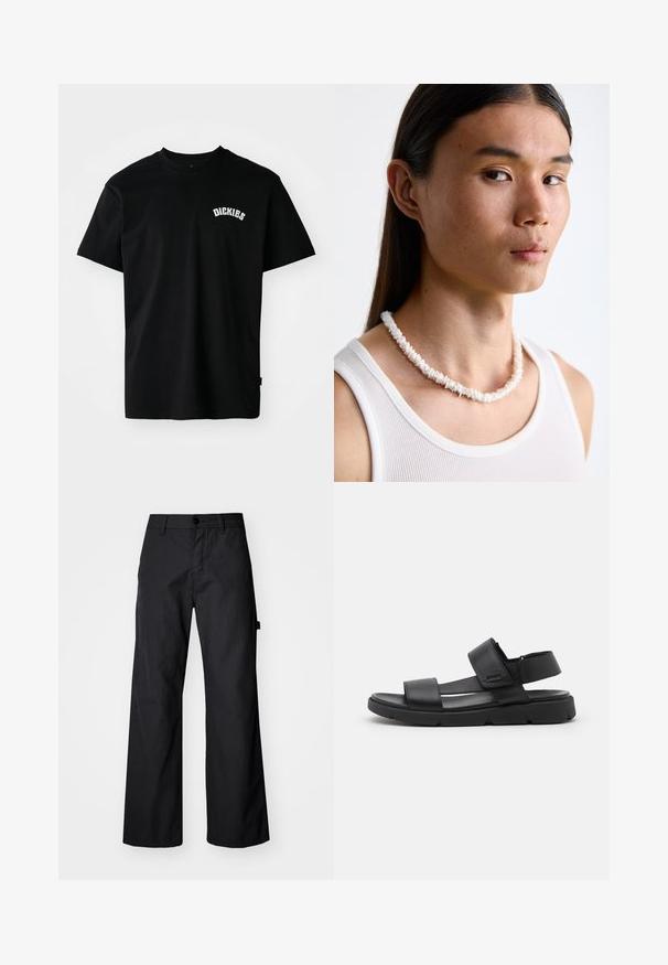 Sort bomulds T-shirt med korte ærmer og rund hals. Har et hvidt buet logo "DICKIES" på brystet. Enkel design, ingen mønstre.; Svarte breddebenede bukser fremstillet af holdbart stof. Har en knaplukning og sidelommer. Glat tekstur med et enkelt design.; Sorte lædersandaler med to brede stropper, en justerbar ankelrem og en kraftig sort gummisål med markante riller.; Hvid skal halskæde bestående af uregelmæssige former, båret over en tætsiddende hvid tanktop. Glat tekstur med subtil glans, tætsiddende design.