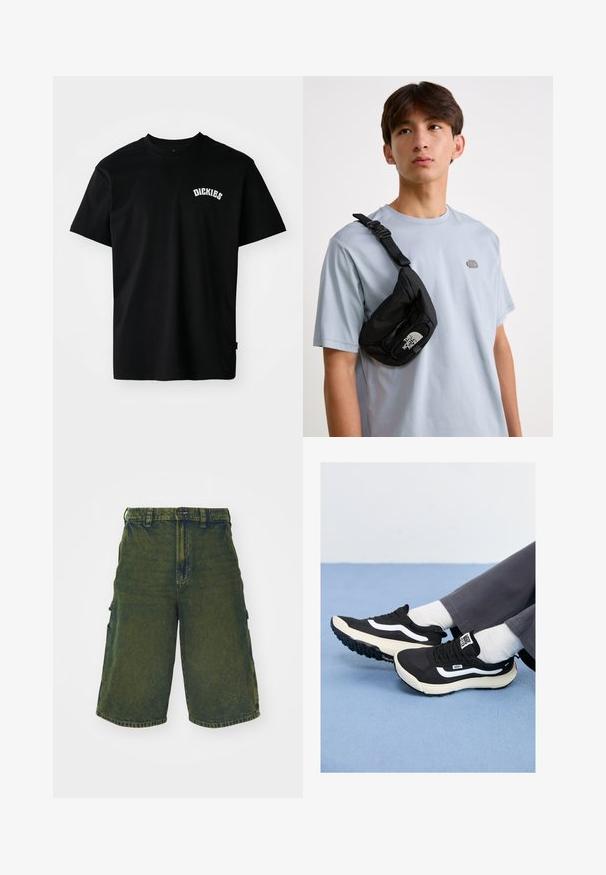 Melnas kokvilnas T-krekls ar īsām piedurknēm un apaļu kakla izgriezumu. Uz krūts ir balts izliektā formas logo "DICKIES". Vienkāršs dizains, bez rakstiem.; Zaļi denima kravas šorti ar brīvu piegriezumu, ar sānu kabatām un pogu aizdari. Noberzta tekstūra un taisna piegriezuma siluets.; Melnas sporta kurpes ar baltām akcentiem, izgatavotas no sieta un gumijas materiāliem, ar teksturētu zoli un papēžsaiti. Valkātas kopā ar baltām zeķēm un pelēkiem biksēm.; Melna neilona krūšu soma ar regulējamu siksnu, ar izteiktu baltu logo. Valkāta virs gaiši zila T-kreklu. Vienkāršs, funkcionāls dizains.