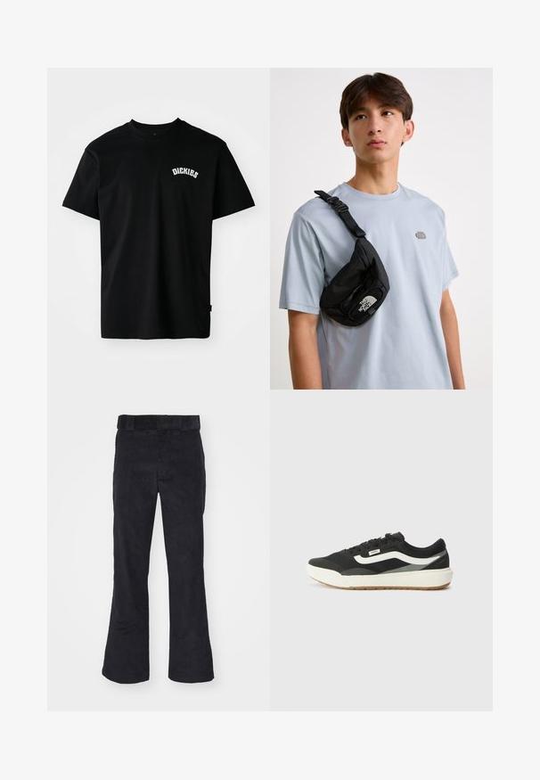 Černé bavlněné tričko s krátkými rukávy a kulatým výstřihem. Na prsou má bílé zakřivené logo "DICKIES". Jednoduchý design, bez vzorů.; Černé kroužkové kalhoty s uvolněným střihem, mají klasický pas a zvonové nohavice, soft textura a žádné viditelné vzory nebo akcenty.; Černé sneakers s bílými detaily, se hladkým syntetickým povrchem, kulatým tvarem a gumovou podrážkou, spárované se světlými béžovými kalhotami.; Černá nylonová crossbody taška s nastavitelným popruhem, vybavená výrazným bílým logem. Nošena přes světle modré tričko. Jednoduchý, funkční design.