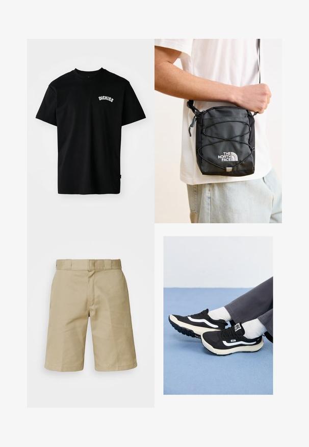 Melnas kokvilnas T-krekls ar īsām piedurknēm un apaļu kakla izgriezumu. Uz krūts ir balts izliektā formas logo "DICKIES". Vienkāršs dizains, bez rakstiem.; Khaki šorti ar plakano priekšpusi, šūtu jostasvietu ar jostām un divām sānu kabatām. Izgatavoti no viegla auduma.; Melnas sporta kurpes ar baltām akcentiem, izgatavotas no sieta un gumijas materiāliem, ar teksturētu zoli un papēžsaiti. Valkātas kopā ar baltām zeķēm un pelēkiem biksēm.; Melna neilona plecu soma ar teksturētu virsmu, regulējamu siksnu un bungee auklas detaļu. Satur "The North Face" logo baltā krāsā.