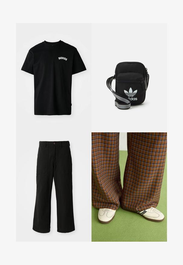 Fekete pamut póló rövid ujjakkal és kerek nyakkivágással. Fehér, ívelt "DICKIES" logó található a mellkason. Egyszerű dizájn, minta nélkül.; Fekete, bő szabású nadrág puha anyagból, elülső zsebekkel és gombos derékmegoldással. Minimális dizájn, látható minták nélkül.; Barna és kék kockás, bőrt lábú nadrág, fehér cipővel, fekete részletekkel és texturált talppal, zöld háttér előtt.; Fekete anyagú, keresztpántos táska cipzáras záródással, fehér Adidas logóval és csíkos állítható pánttal a könnyű hordozás érdekében.