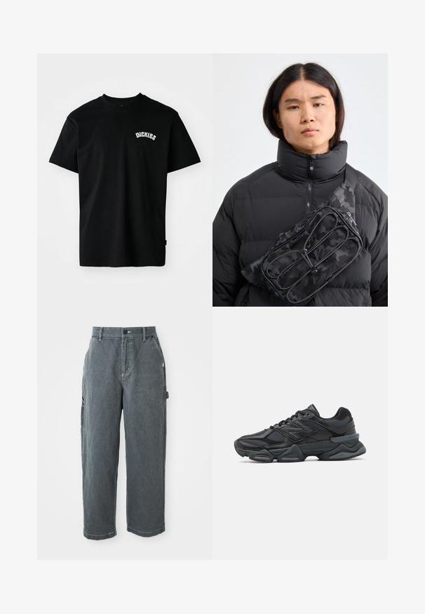 Zwarte katoenen T-shirt met korte mouwen en een ronde hals. Heeft een witte gebogen logo "DICKIES" op de borst. Eenvoudig ontwerp, geen patronen.; Donkergrijze rechte werkbroek met riemlussen, een voorste knoop en rits, zijzakken en een hamerlus op het rechterbeen.; Zwarte hardloopschoen met een mix van mesh en synthetische materialen, een stevige zool, gebogen ontwerp en prominente branding op de zijkant.; Zwarte nylon heuptas met camouflagemotief en met rits afgesloten vakken, diagonaal gedragen over een zwarte pufferjack met hoge kraag.