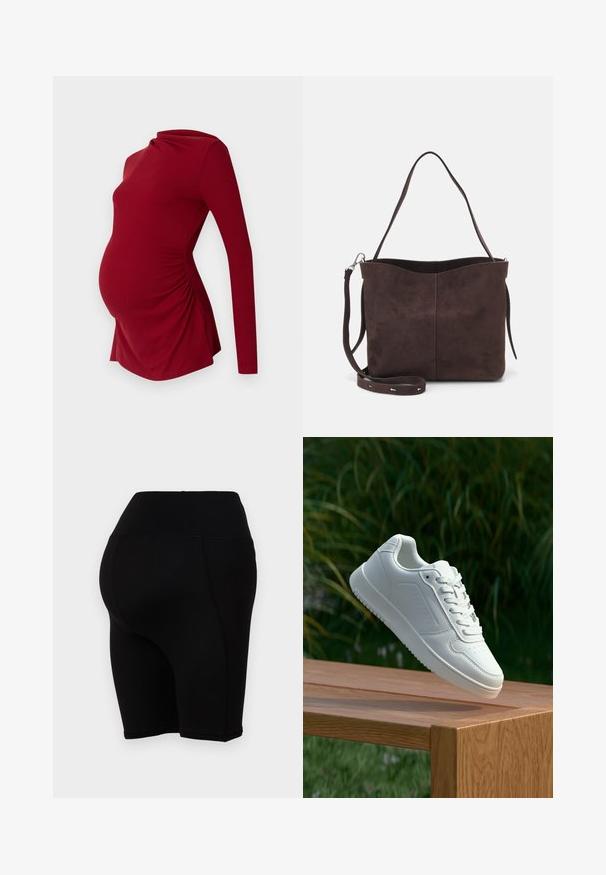 Hosszú ujjú, bordázott textúrájú piros kismama felső, drapált nyakkivágással és oldalsó ráncolással, amely alkalmazkodik a növekvő pocakhoz.; Fekete, magas derekú kerékpáros sort, sima textúrával, testre simuló fazonnal és varrott varratokkal, amely a térd fölé ér.; Fehér sportcipő sima szintetikus felsőrésszel, perforált lábujjrész, lapos fűzőkkel és texturált talppal, fából készült felületen kihelyezve.; Barna velúrbőr táska puha tapintással, egyetlen vállpánttal és finoman ívelt felső nyitással. Nincs látható fémrész.