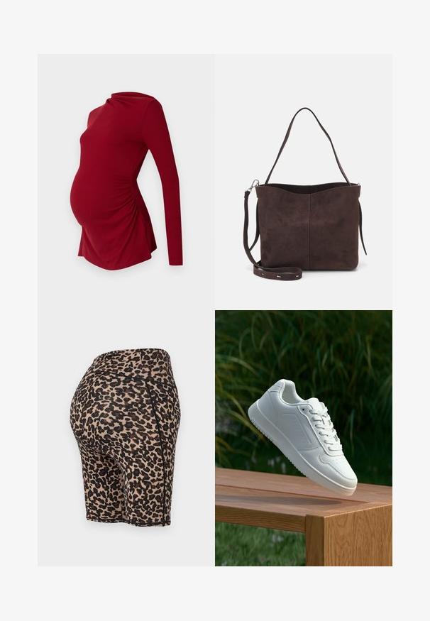 Langermet rød graviditetstopp i ribbestrikket tekstur, med en drapert halslinje og siderykningsdetaljer for å imøtekomme en voksende mage.; Lepardprikkede sykkelshorts i beige og svart, med høy midje og glatt, stretchy stoff som har en tettsittende passform.; Hvite sneakers med en glatt syntetisk overdel, perforert tåboks, flate snørebånd og en teksturert såle, vist på en treflate.; Brun semsket stoff tote-veske med en myk tekstur, som har en enkelt skulderrem og en subtil buet toppåpning. Ingen synlige maskindetaljer.