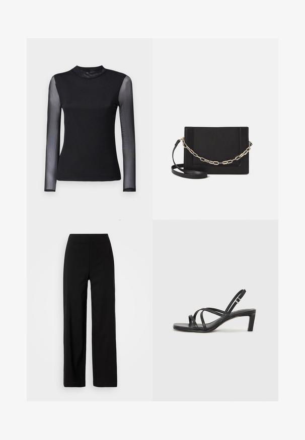 Črna majica z dolgimi rokavi in visokim ovratnikom; trdna tkanina na telesu in prosojni mrežasti rokavi; gladka tekstura; prilegajoča zasnova.; Črne široke hlače z elastiko v pasu. Narejene so iz gladkega materiala in imajo čist, minimalističen dizajn brez vidnih žepov.; Črne natikače s trakovi in kvadratnim prstom ter nizkim blokastim peto. Imajo več tankih trakov in nastavljiv trak okoli gležnja. Narejene so iz gladkega usnja.; Črna usnjena torba čez ramo z gladko teksturo, pravokotno obliko in kovinskim verižnim detajlom spredaj. Vključena je nastavljiva naramnica.