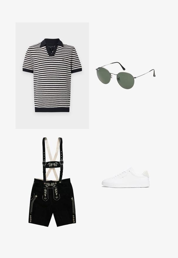 Navy and cream striped polo shirt with short sleeves, featuring a V-neck, ribbed collar, and logo detail on the chest. Textured knit material.; Mustat mokkanahkainen lederhosen-haalari, jossa on brodeerattuja kukkakuvioita, säädettävät hihnat, hopeiset napit ja sivutaskut. Hopealangasta tehdyt yksityiskohdat.; Valkoiset tennarit, joissa on sileä nahka-yläosa, pyöreä kärki, tasapohja ja minimalistinen muotoilu. Ominaisuuksiin kuuluu hillitty brändäys ja beige yksityiskohta kantapäissä.; Aurinkolasit metallikehyksillä, joissa on soikeat vihreät linssit. Ohut hopeinen metallikehys ja mustat korvapehmusteet. Minimalistinen muotoilu, ei näkyviä logoja.