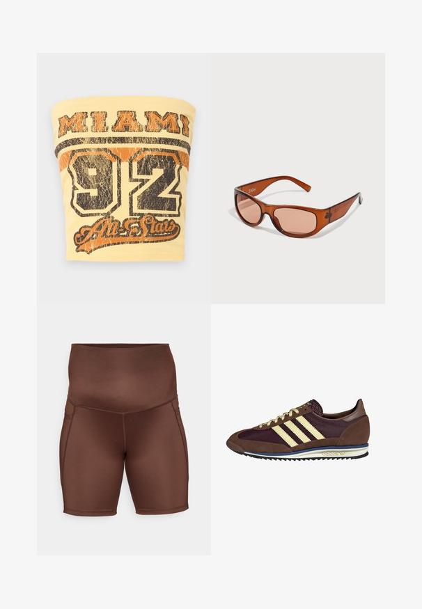 Gelbes ärmelloses Top mit dem Aufdruck "MIAMI" in fettem Schwarz und der Zahl "92" in abgenutztem Schwarz und orangefarbener Schrift darunter.; Braune Sportshorts mit hohem Bund, glatter Textur und flachen Nähten. Das Design zeichnet sich durch eine figurbetonte Passform und einen knielangen Schnitt aus.; Braune und burgunderfarbene Sneaker aus Wildleder und Mesh-Materialien, mit drei cremefarbenen Streifen, strukturiertem Stoff an der Zunge und einer Gummisohle.; Braun getönte Sonnenbrille mit rechteckiger Form, aus transluzentem Kunststoff gefertigt. Hat gebogene Bügel und den Markennamen "ZIGN" an der Seite.; COACH HAMPTONS HOBO BAG IN SIGNATURE JACQUARD - Handtasche - oak maple