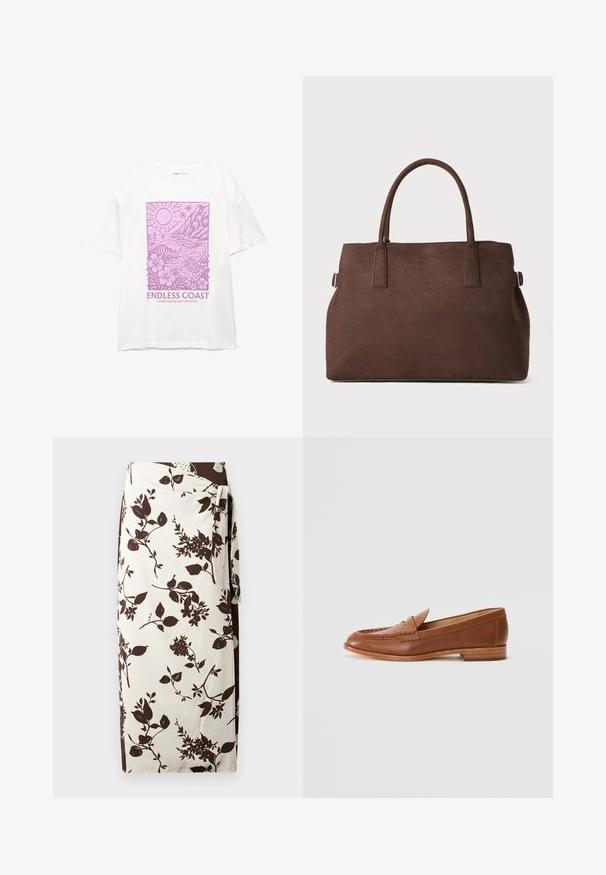 Biała koszulka z purpurową grafiką przedstawiającą słońce, fale, palmy, kwiaty i żółwia morskiego, z podpisem "Niekończące się Wybrzeże" oraz "Gdzie morze czuje się jak w domu."; Spódnica kopertowa w kwiatowy wzór z kremowym tłem i ciemnobrązowymi wzorami botanicznymi. Wykonana z gładkiego materiału, posiada zapięcie na tasiemkę w talii.; Lauren Ralph Lauren WYNNIE brązowy; Brązowa torebka tote z sztucznego zamszu, z dwiema solidnymi rączkami, o wyraźnym kształcie i minimalistycznym designie, z subtelnymi akcentami w postaci przeszyć.