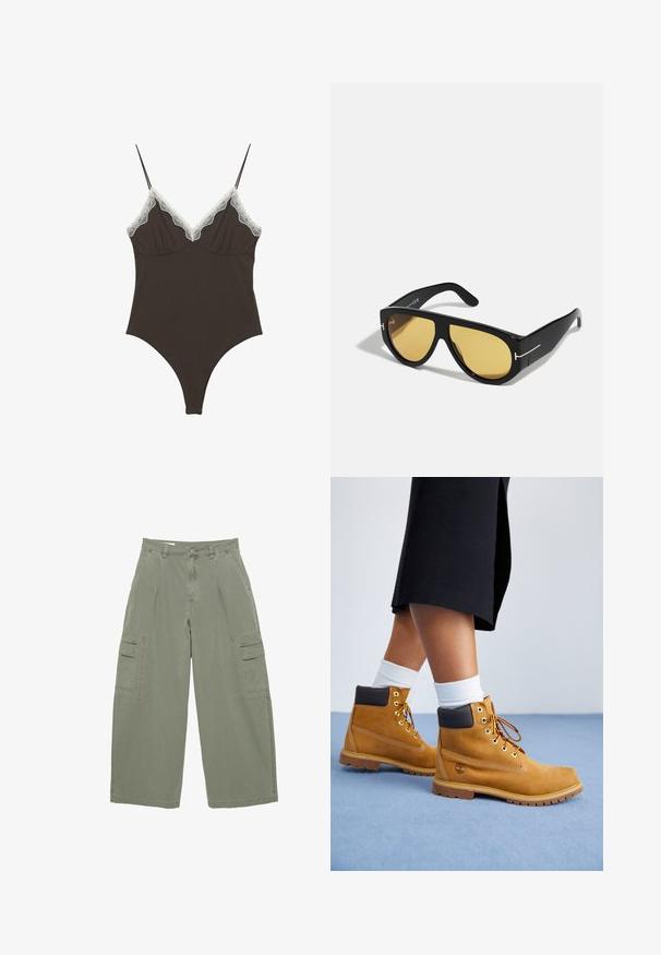 Brauner Bodysuit mit verstellbaren Spaghettiträgern und Spitzenbesatz an einem tiefen V-Ausschnitt. Glatte Textur, taillierte Passform und hoch geschnittene Beine.; Braun- und crèmefarbenerkariertes Flanellhemd mit Kragen, langen Ärmeln, zwei Brusttaschen und Knopfverschluss. Verfügt über ein Markenschild an der Tasche.; Olivgrüne Cargo-Hosen mit weit geschnittenen Beinen, ausgestattet mit zwei seitlichen Taschen und einem Knopfverschluss. Aus strapazierfähigem Baumwollstoff gefertigt.; Sandfarbene Wildlederschuhe mit braunen Lederakzenten, goldenen Ösen und einer strukturierten Sohle. Weiße Socken, die über den Stiefeln sichtbar sind.; Schwarze Sonnenbrille mit geometrischem Rahmen, gelben Gläsern und goldenen Akzenten an den Bügeln. Glatte Oberfläche, breiter Schnitt, zeitgemäßes Design.
