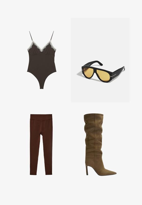 Brązowy body z regulowanymi ramiączkami i koronkowym wykończeniem przy głębokim dekolcie w kształcie litery V. Gładka tekstura, dopasowany krój oraz wysoki stan nóg.; Brązowa i kremowa flanelowa koszula w kratę z kołnierzykiem, długimi rękawami, dwiema kieszeniami na piersiach oraz zapięciem na guziki. Posiada metkę marki na kieszeni.; Bordowe legginsy z wysokim stanem, z szerokim elastycznym pasem i dopasowanymi nogawkami, wyświetlone na białym tle.; Zielony zamszowy botek do kolan z ostrym nosem, z luźną cholewką i obcasem w kształcie szpilki, z widocznymi detalami przeszyć.; Czarne okulary przeciwsłoneczne z geometrycznym wzorem, żółtymi soczewkami i złotymi akcentami na zausznikach. Gładka tekstura, szeroki kształt, nowoczesny design.; Brązowa torba tote z zamszu z dwoma solidnymi uchwytami, szerokim otwartym wierzchem i minimalnymi detalami szewnymi, charakteryzująca się miękką fakturą i przestronnym wnętrzem.