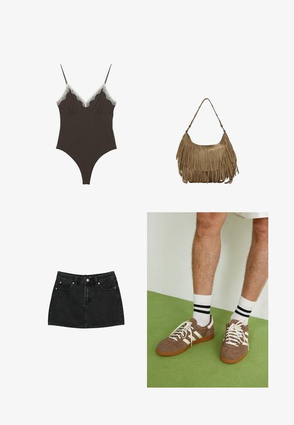 Bruine body met verstelbare spaghettibandjes en een kanten rand op een diepe V-halslijn. Soepele textuur, getailleerd ontwerp en hoge uitsnijdingen bij de benen.; Zwarte denim mini-rok met een voorknop, riemlussen en twee voorzakken met koperen klinknagels, plat gelegd op een witte achtergrond.; Bruine suède sneakers met witte accenten en veters. Rubberen gumzool. Draag met witte sokken met zwarte strepen. Groene gestructureerde vloer.; Bruine suède handtas met lange franjes, een gebogen vorm en een enkele schouderband. Heeft een gladde, gestructureerde oppervlakte.