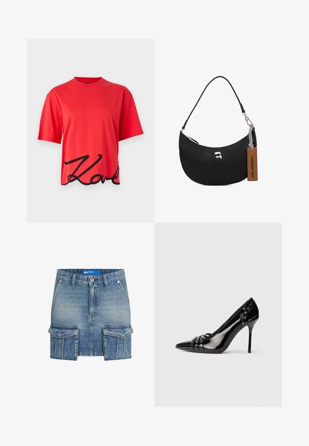 Rød bomull T-skjorte med kortermet, med en svart kursiv logo design langs bunnen. Enkel rund hals.; Lys blå denim miniskjørt med en falmet look. Har to store frontlommer og en frontknapp. Kan vaskes i maskin.; Svart patentlær stiletthæl sko med spiss tå, tre dekorative stropper med nagler og "Karl Lagerfeld" merkevare på hælen.; Svart skinnveske med pebble-tekstur, buet form, glidelås på toppen, sølvfarget hardware og en brun etikett. Inkluderer logo-akkenter.