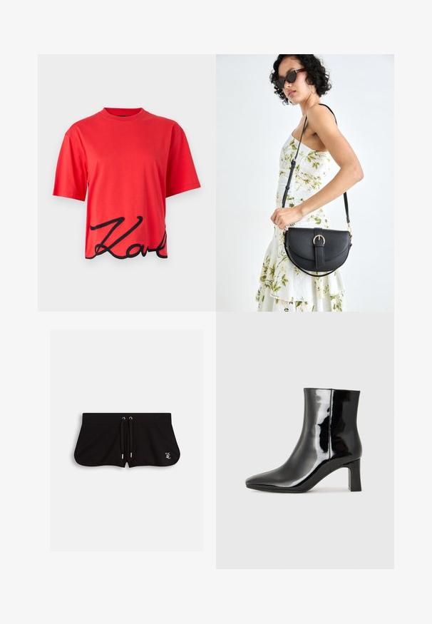 Red cotton t-shirt with short sleeves, featuring a black cursive logo design along the bottom edge. Simple crew neckline.; Black shorts made from soft fabric, featuring a drawstring waist, side slits, and a small embroidered logo on the front.; Black patent leather ankle boot with a pointed toe and a mid-height block heel. Smooth texture and minimalist design.; Black leather handbag with a curved shape, detachable strap, and gold hardware. The bag features a flap with a buckle detail.